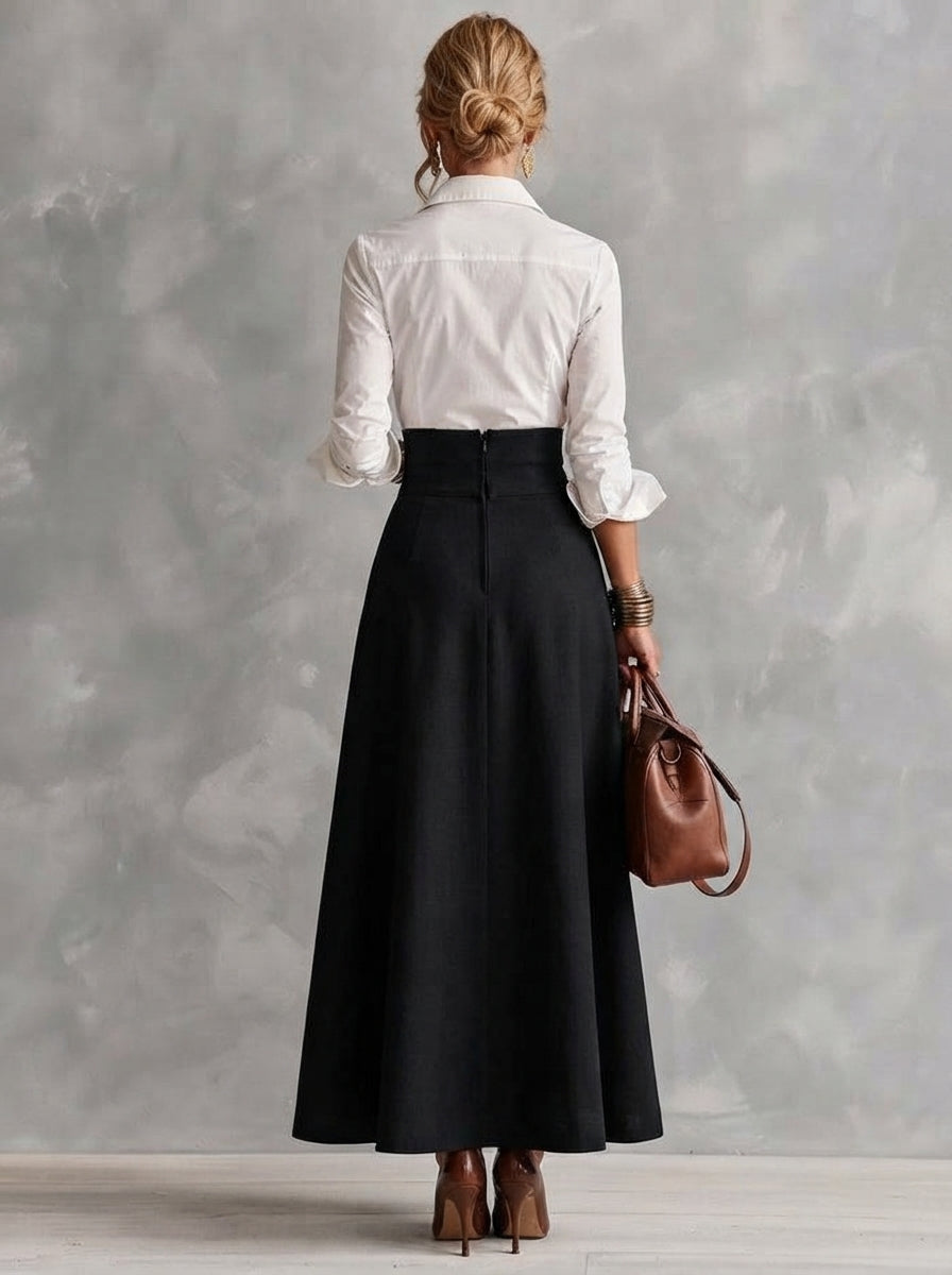 Costanza | Completo con Camicia e Gonna Maxi a Vita Alta con Bottoni Dorati