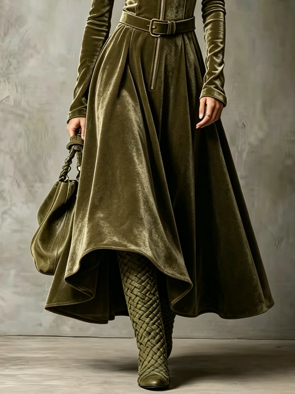 Raffaella | Vestito lungo in velluto verde oliva con zip frontale in stile vintage (cintura inclusa)