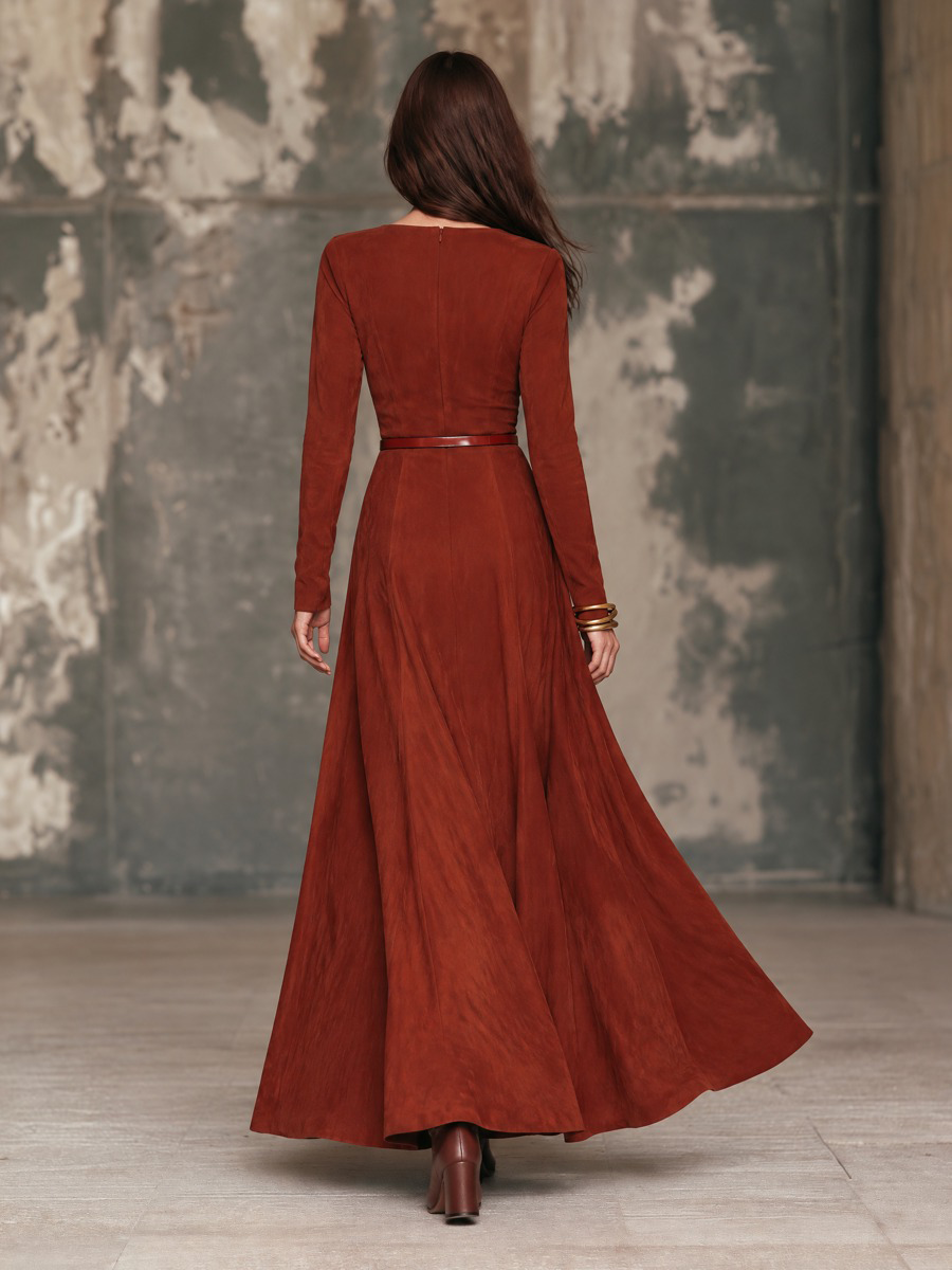 Rosalba | Abito Maxi in Suede con Scollo a V e Cintura, Ruggine