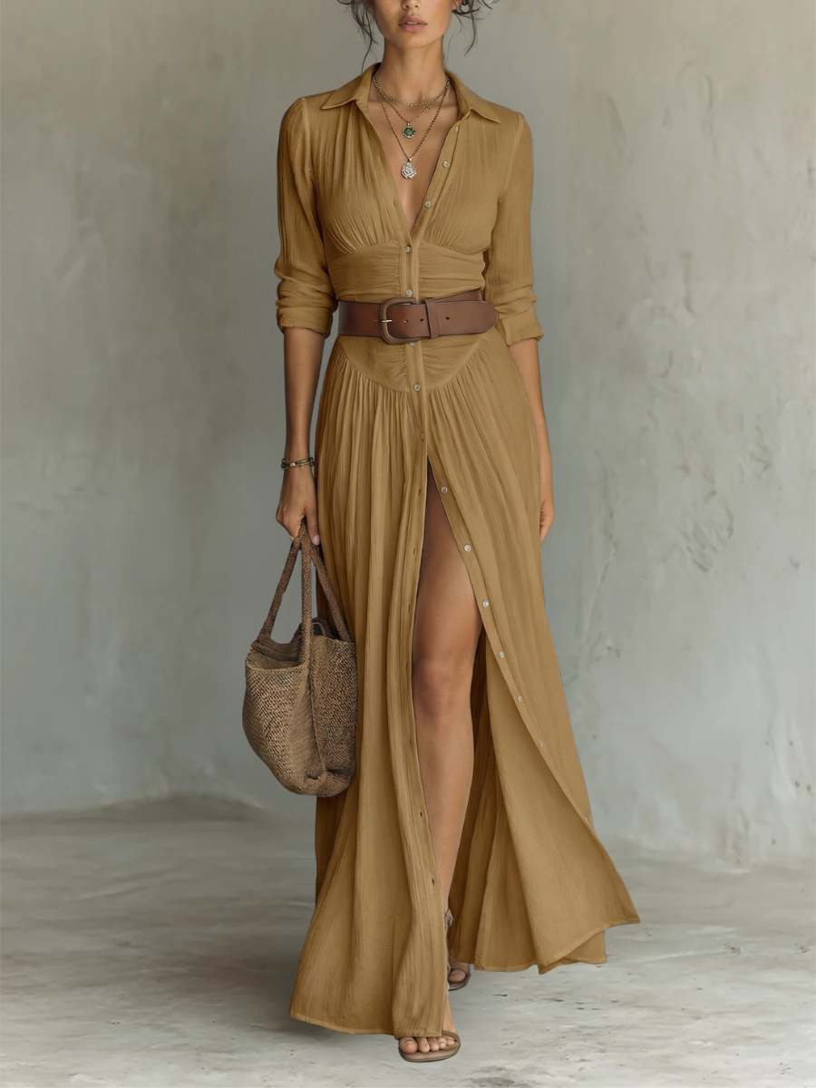 Valeria | Abito maxi con collo a revers e maniche lunghe