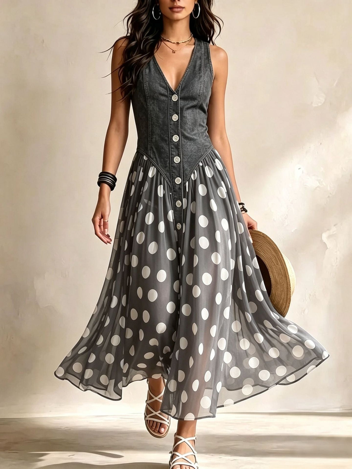 Adelina | Abito lungo effetto denim a pois