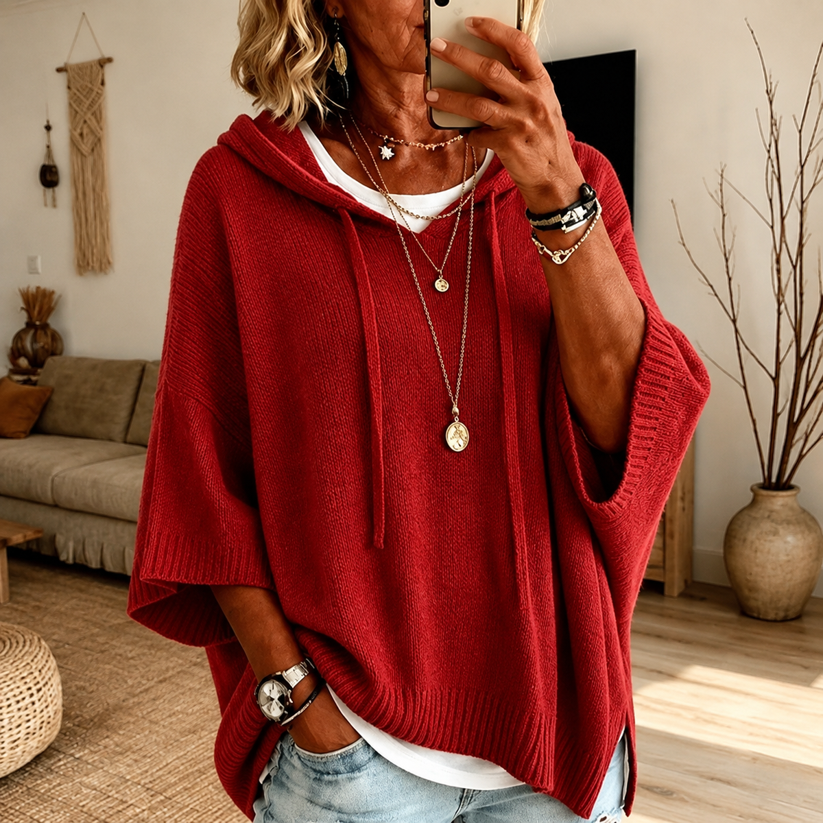 Clarice | Maglione a Poncho con Cappuccio, Rosso
