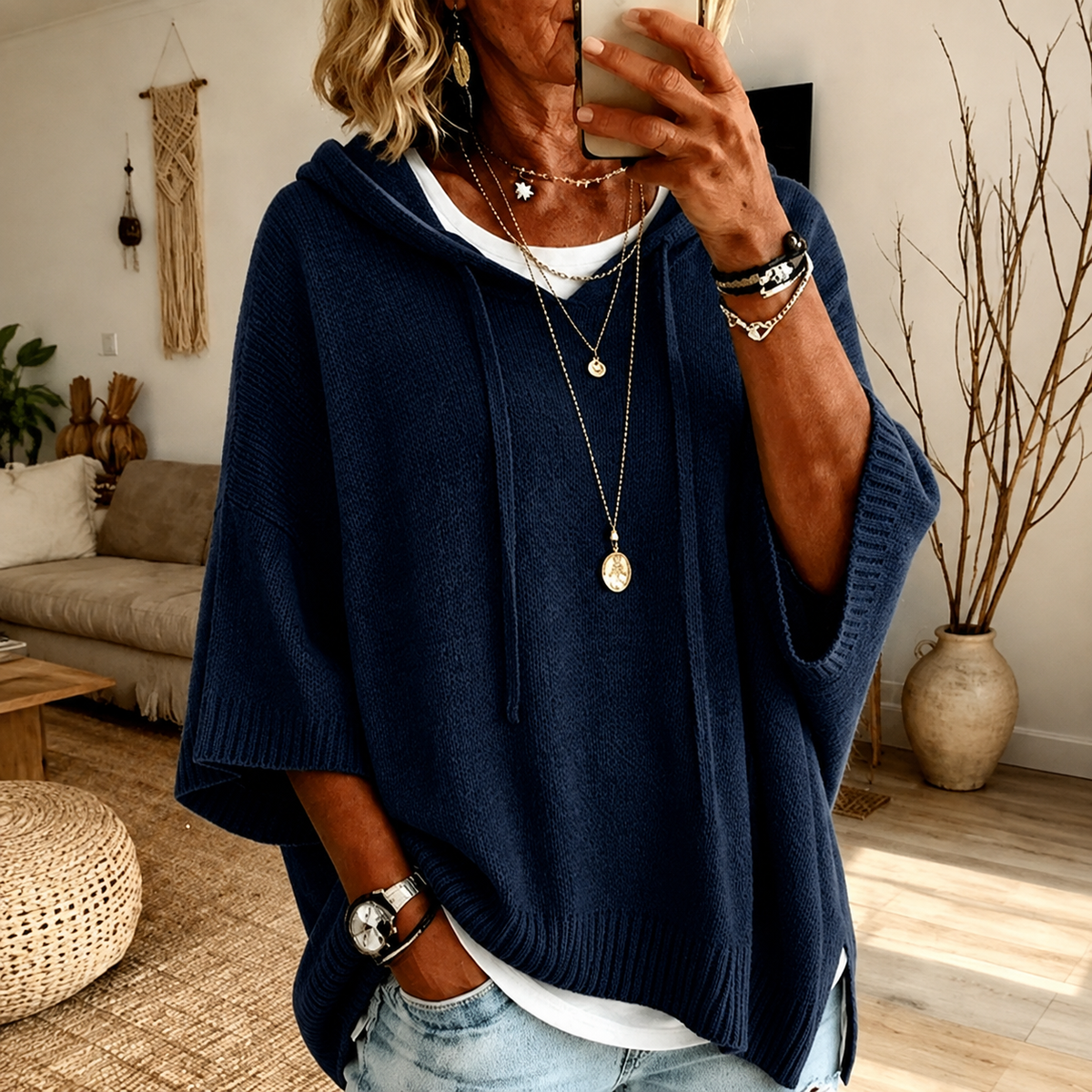 Giovanna | Maglione a Poncho con Cappuccio, Blu Navy