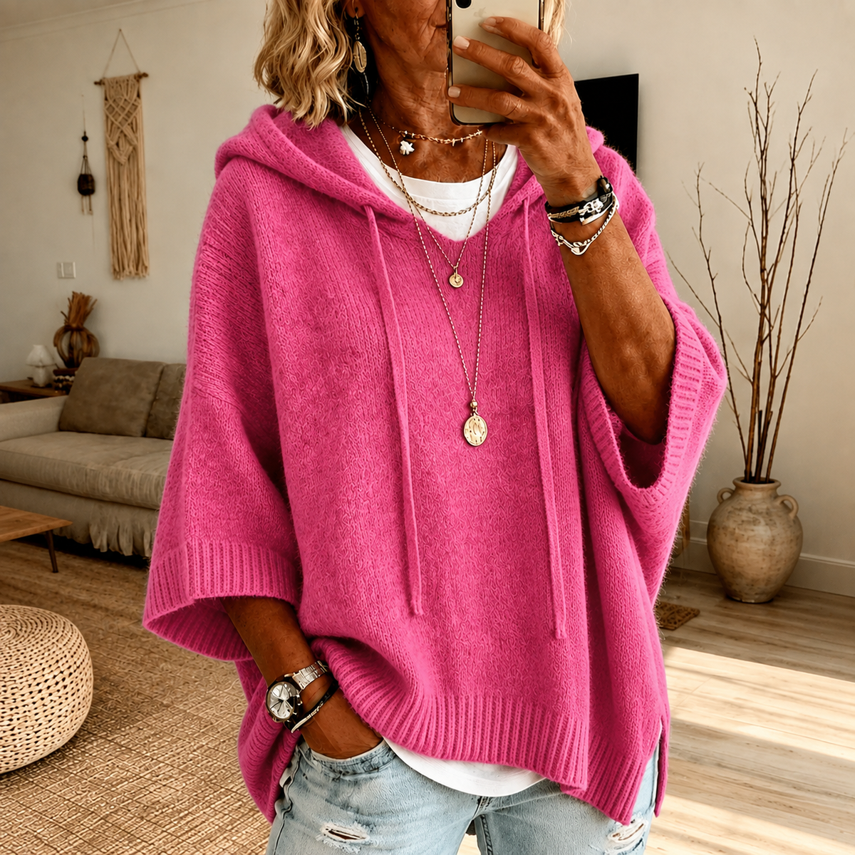 Celestina | Maglione a Poncho con Cappuccio, Rosa