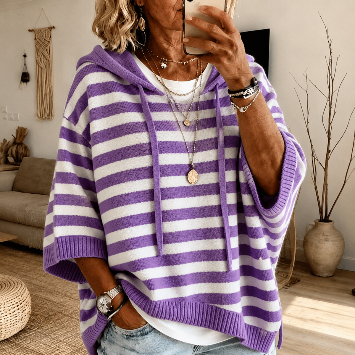 Anna | Maglione a Poncho a Righe con Cappuccio, Viola