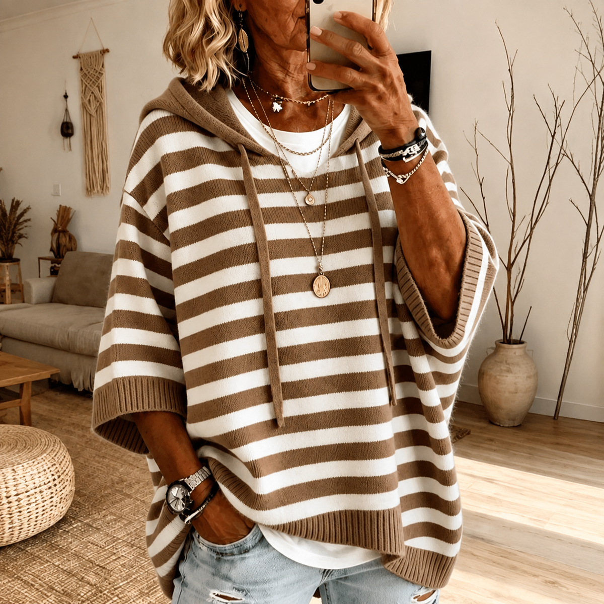Maura | Maglione a Poncho a Righe con Cappuccio, Tortora
