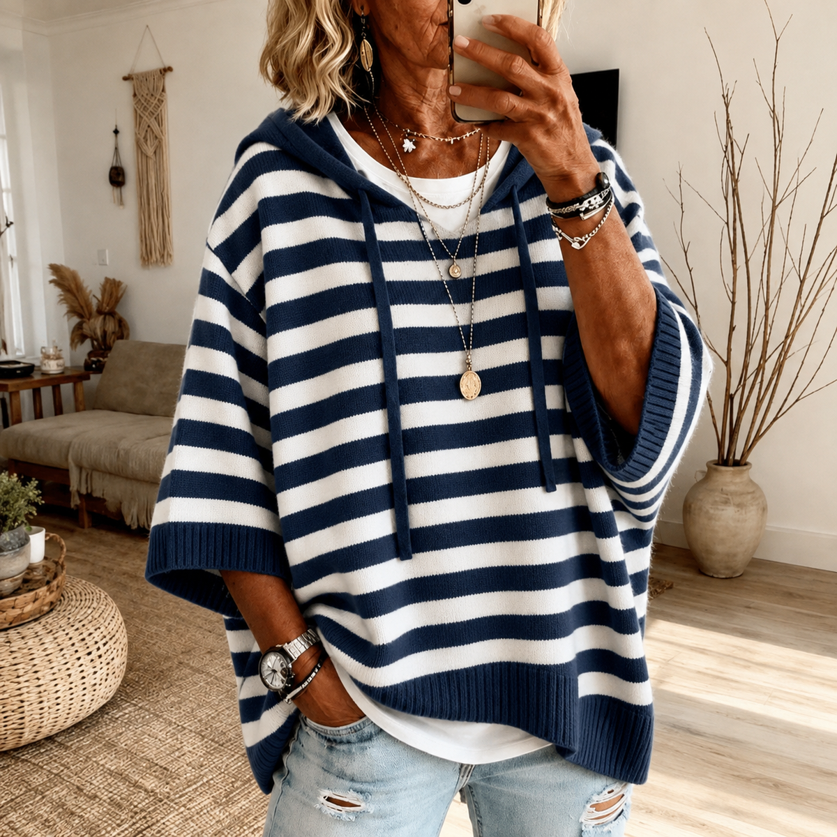 Marisa | Maglione a Poncho a Righe con Cappuccio, Blu Navy