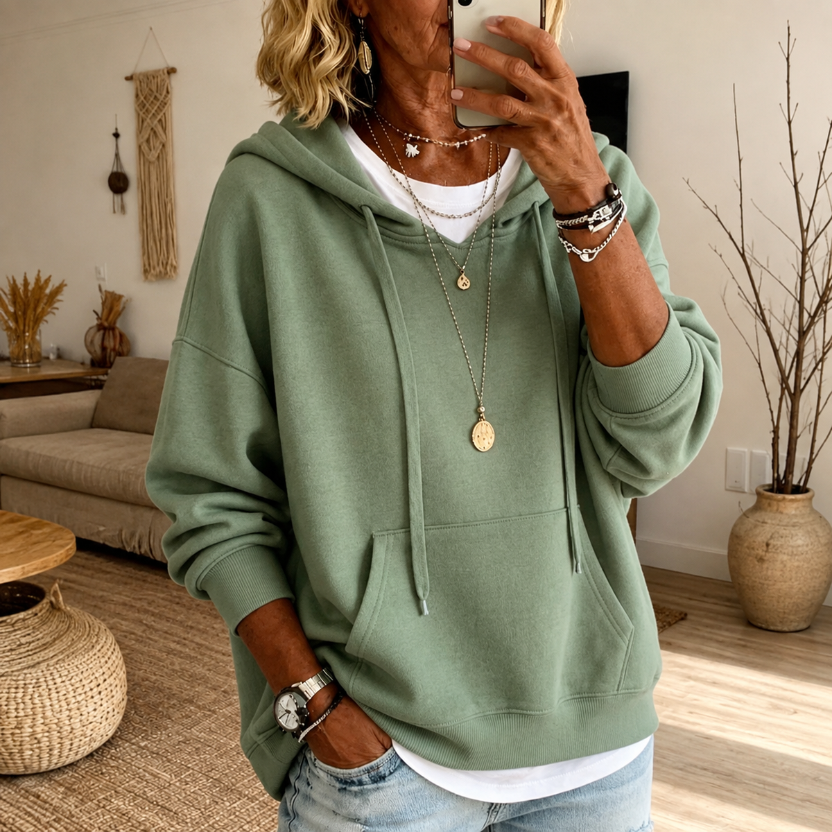 Aida | Maglione con Cappuccio, Verde Salvia