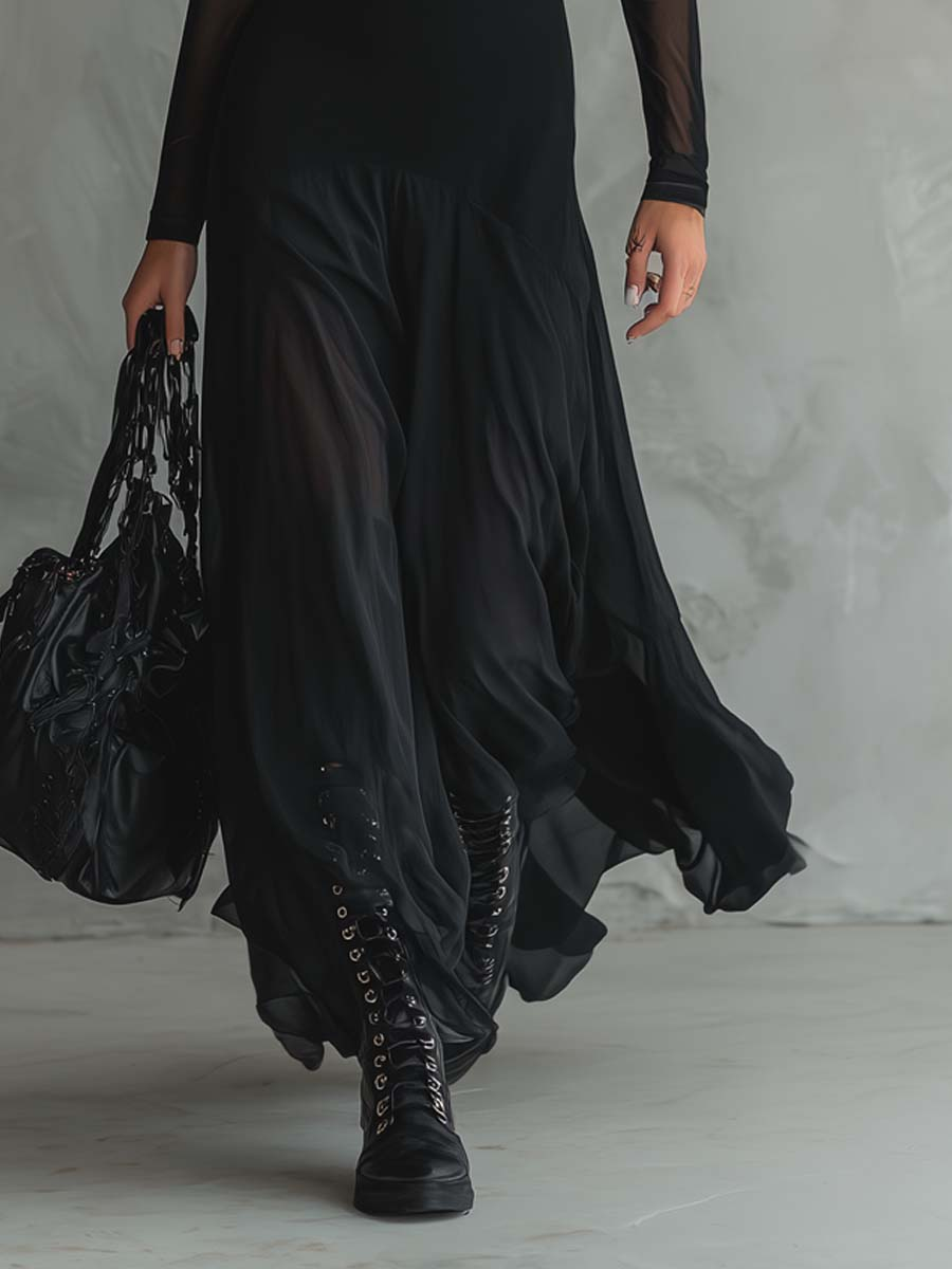 Noella | Abito Maxi Svasato in Tulle Nero