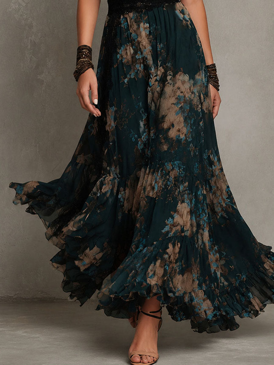 Lucia | Abito lungo in chiffon vintage verde scuro con pizzo floreale