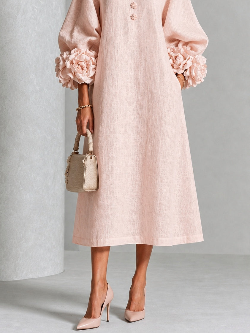 Eglantina | Abito midi floreale rosa con bottoni e maniche fantasia
