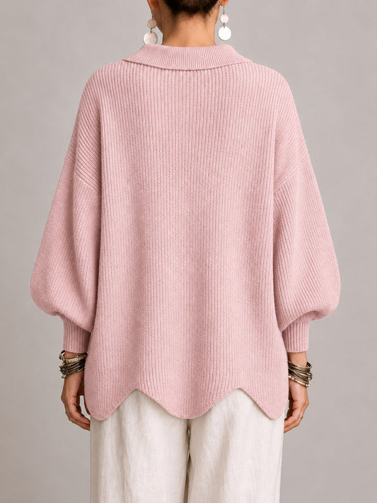 Clelia | Cardigan Oversize a Coste con Orlo Smerlato, Rosa Cipria
