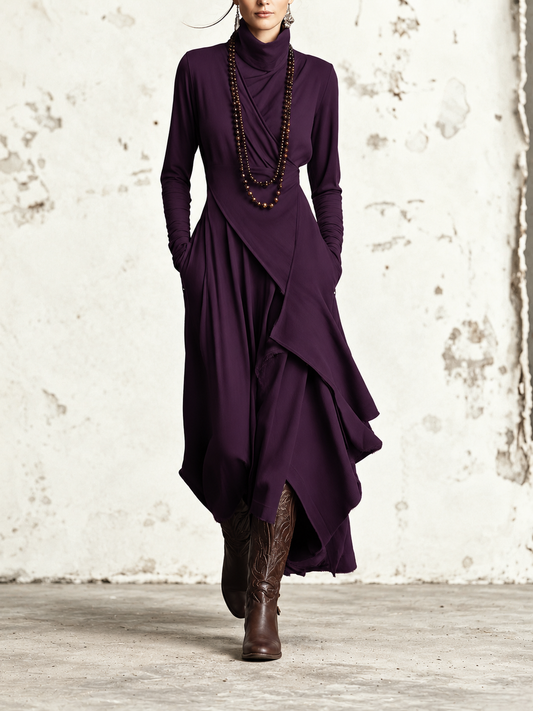Diletta | Bohème-Maxikleid aus Baumwolle mit Stehkragen und asymmetrischem Drapé