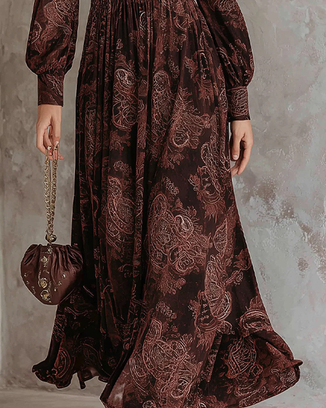 Arianna | Abito Lungo Paisley con Vita Segnata, Marrone