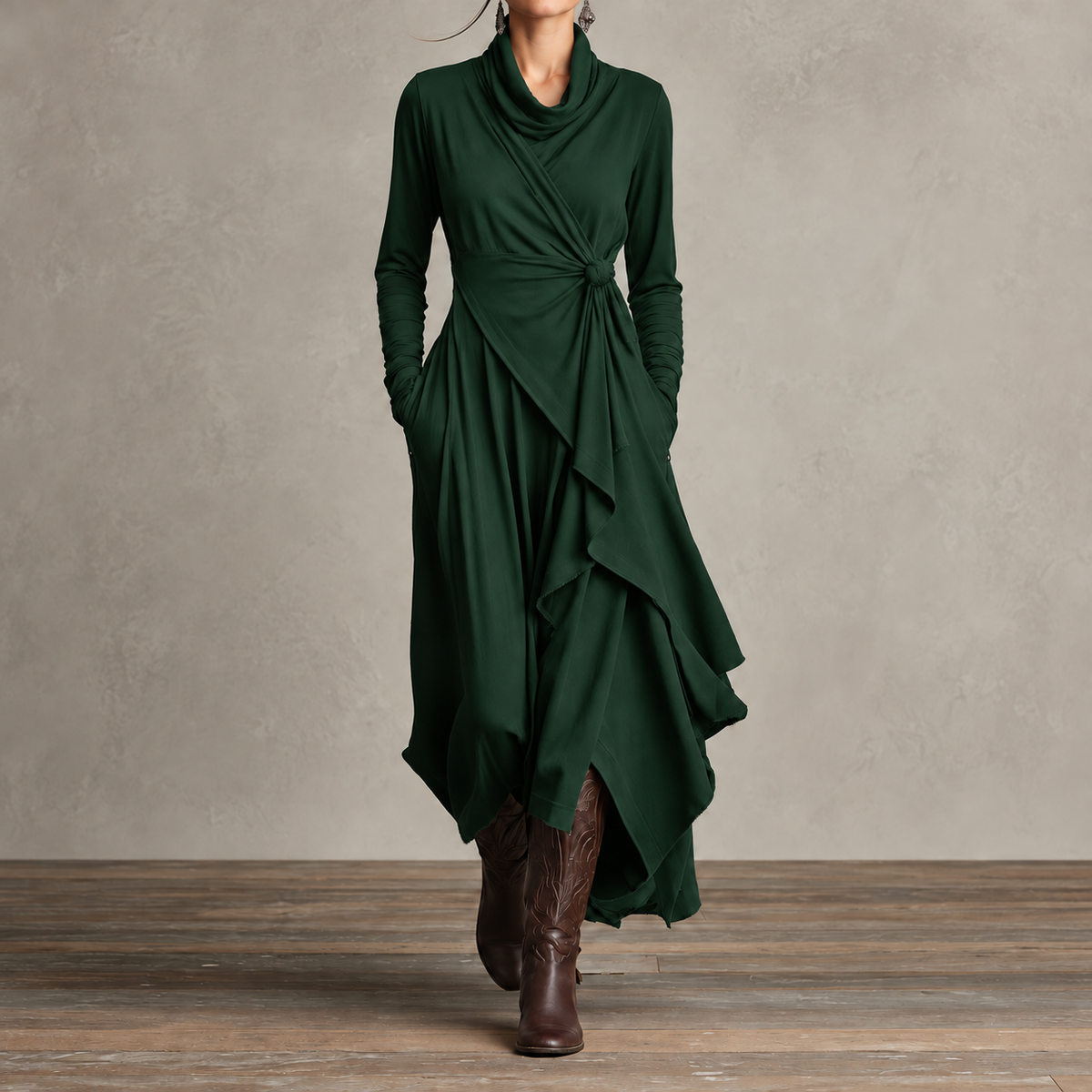 Diletta Incrocio verde bosco, abito maxi con collo drappeggiato e nodo laterale