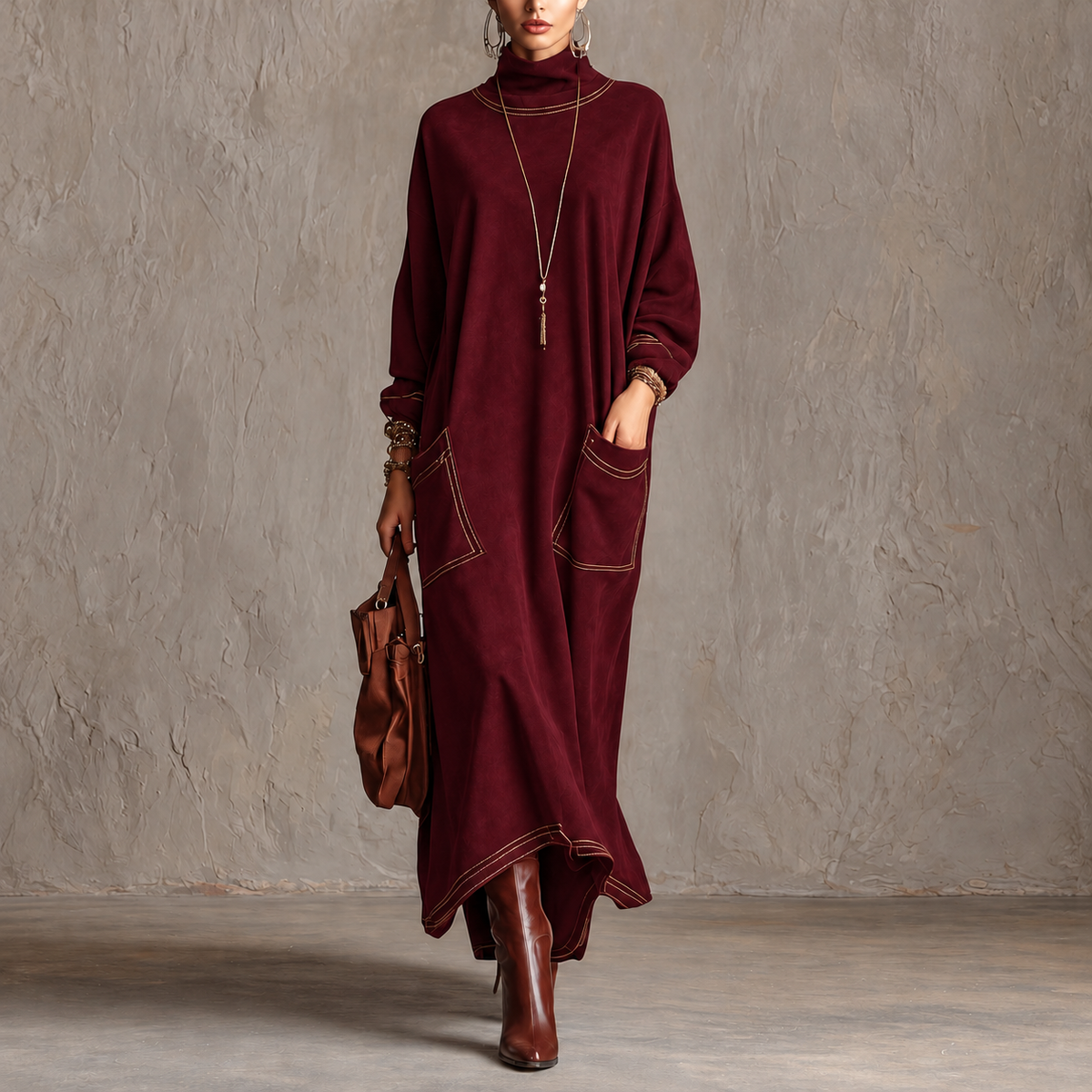 Rossana Autunno bordeaux: abito maxi oversize con collo alto, grandi tasche applicate e cuciture color cammello.