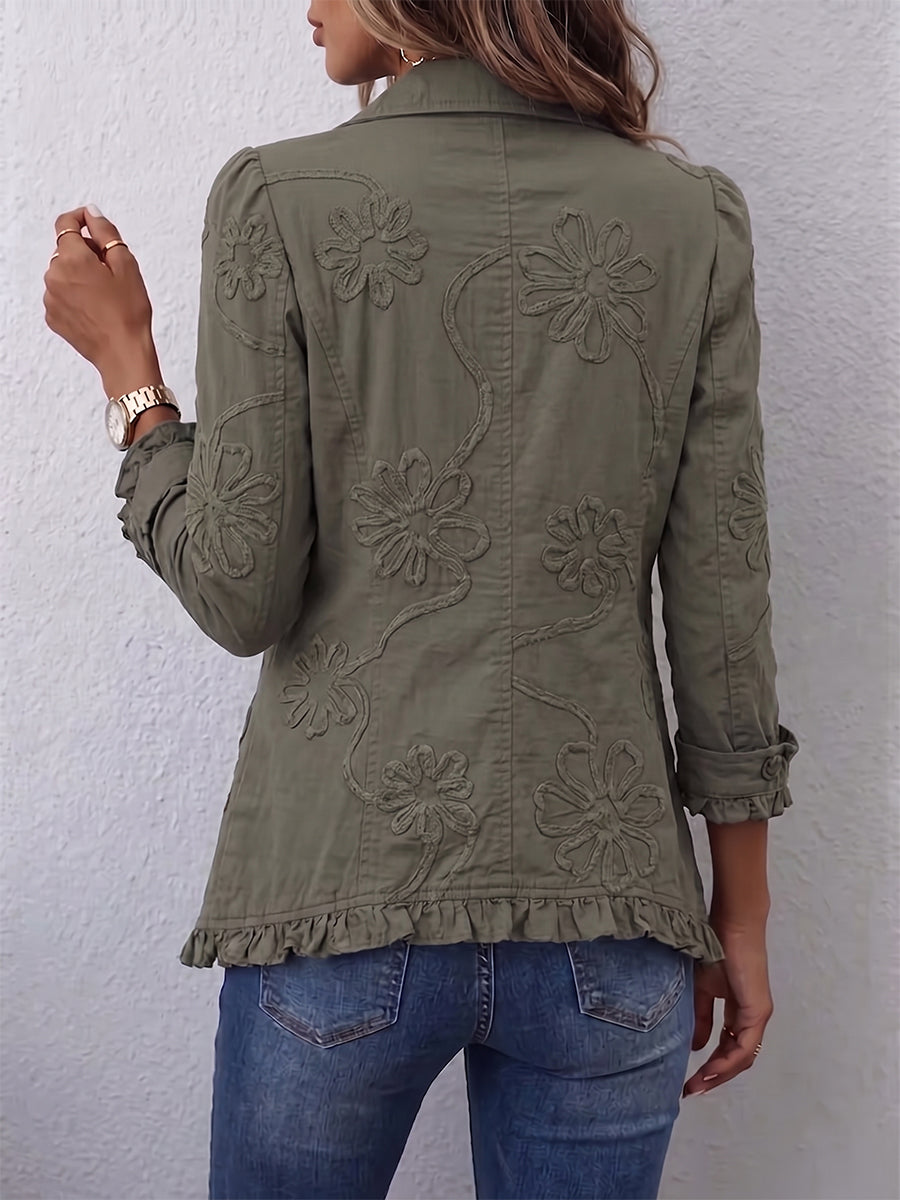 Alessandra | Giacca Bohème-Chic Ricamata a Fiori Verde Retrò con Rifiniture Arricciate