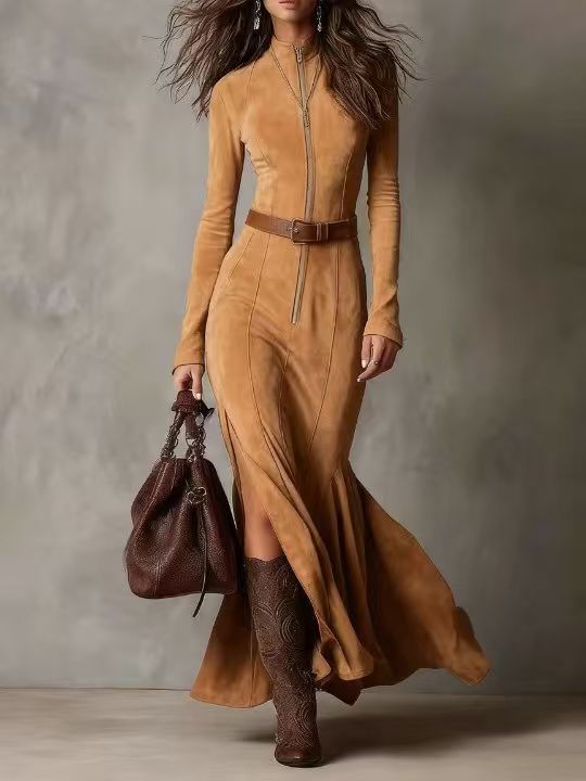 Maristella | Abito Lungo Marrone con Cintura