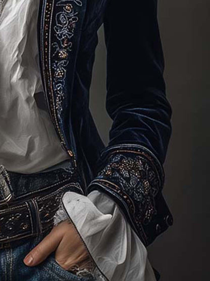 Atena | Giacca lunga vintage ricamata blu navy