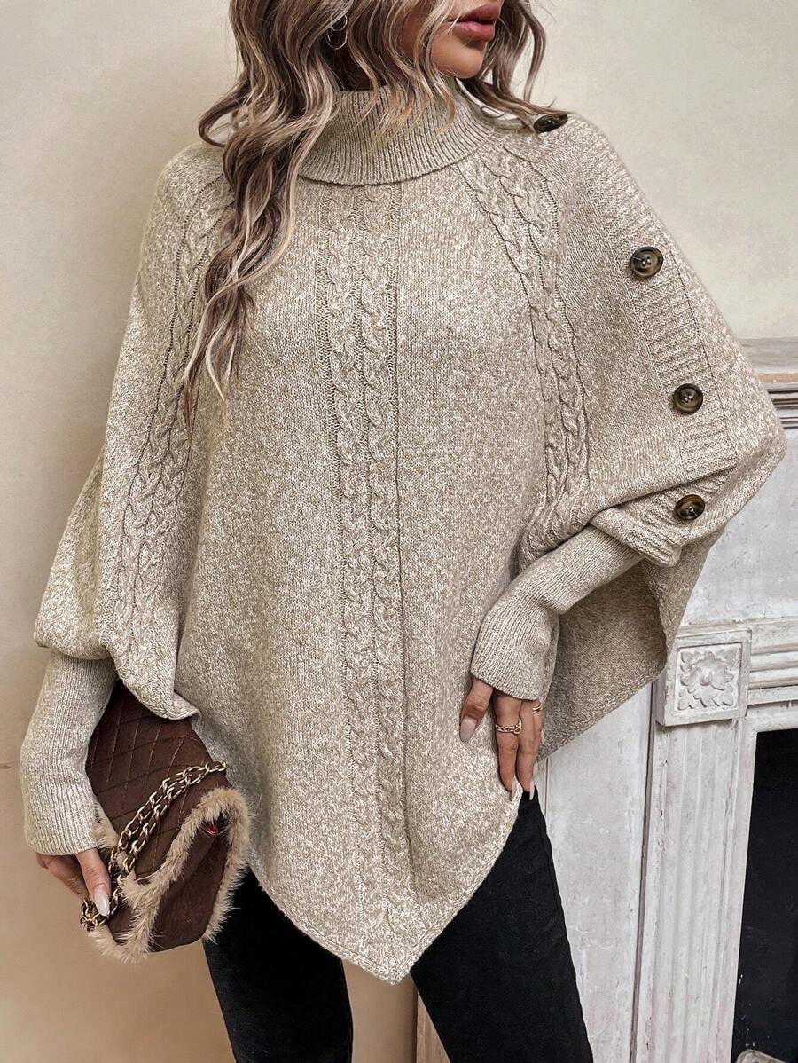 Alessia | Maglione a Poncho in Maglia a Trecce con Collo Alto e Maniche a Pipistrello
