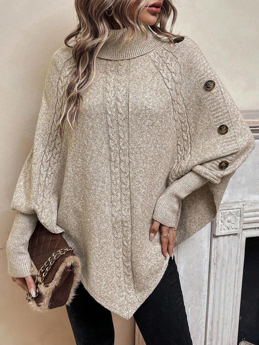 Alessia | Maglione a Poncho in Maglia a Trecce con Collo Alto e Maniche a Pipistrello