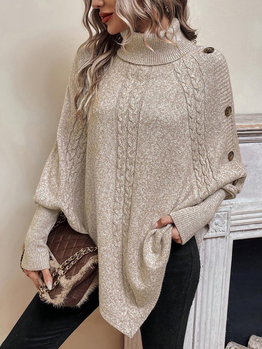 Alessia | Maglione a Poncho in Maglia a Trecce con Collo Alto e Maniche a Pipistrello