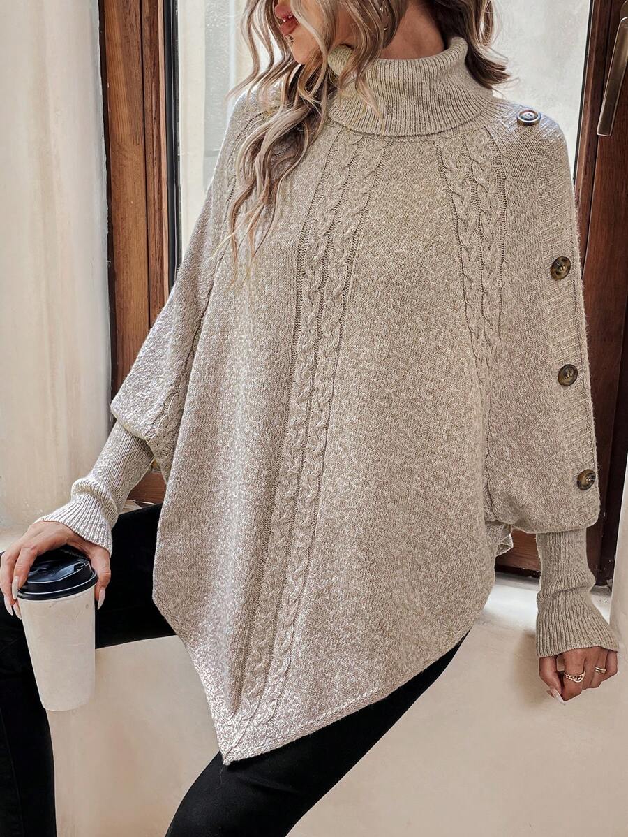 Alessia | Maglione a Poncho in Maglia a Trecce con Collo Alto e Maniche a Pipistrello