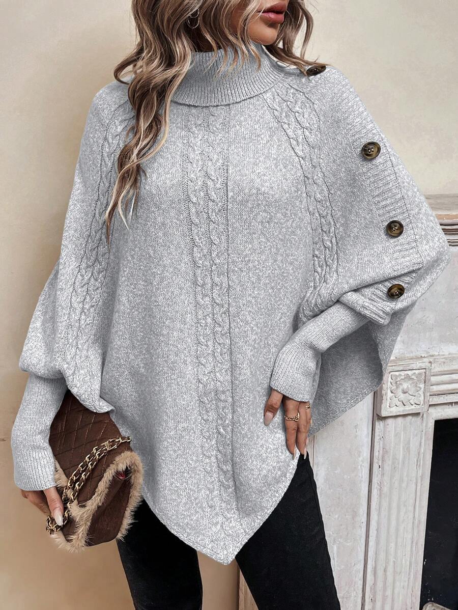 Alessia | Maglione a Poncho in Maglia a Trecce con Collo Alto e Maniche a Pipistrello