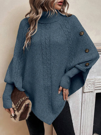 Alessia | Maglione a Poncho in Maglia a Trecce con Collo Alto e Maniche a Pipistrello