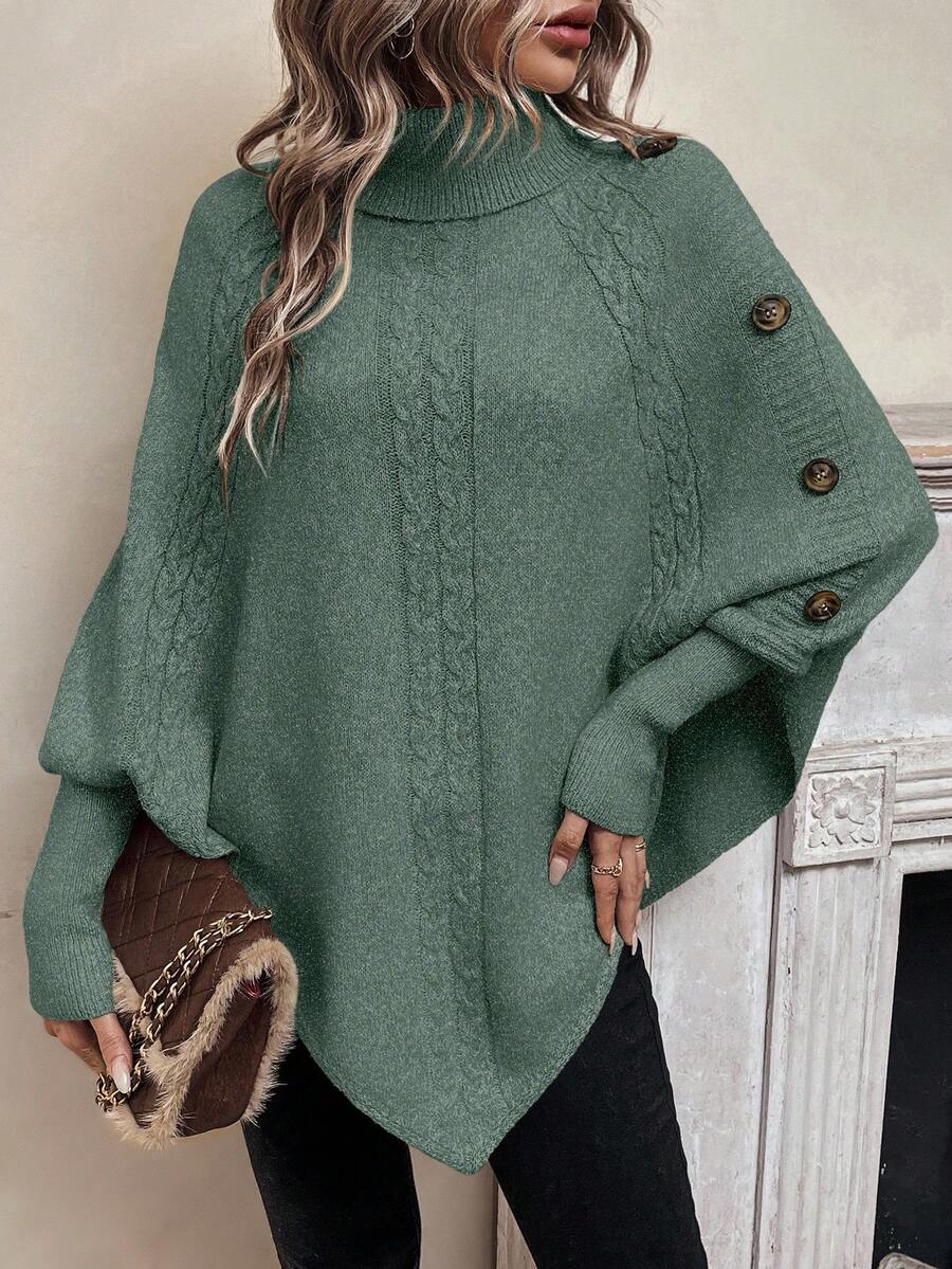 Alessia | Maglione a Poncho in Maglia a Trecce con Collo Alto e Maniche a Pipistrello