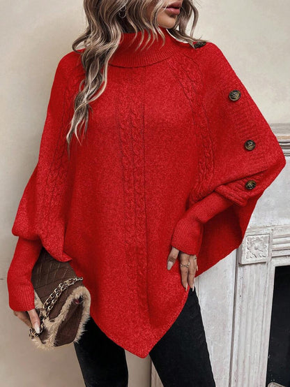Alessia | Maglione a Poncho in Maglia a Trecce con Collo Alto e Maniche a Pipistrello