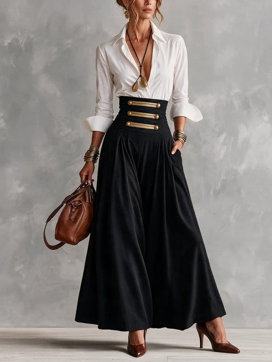 Costanza | Set aus Hemd und High-Waist-Maxirock mit goldenen Knöpfen