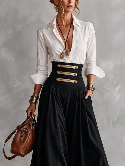 Costanza | Completo con Camicia e Gonna Maxi a Vita Alta con Bottoni Dorati