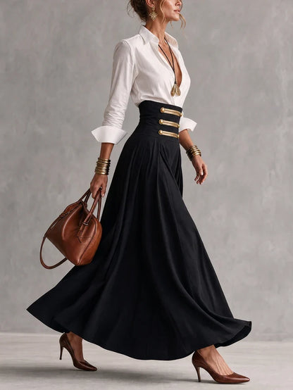 Costanza | Completo con Camicia e Gonna Maxi a Vita Alta con Bottoni Dorati