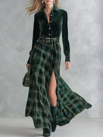 Ondina | Abito Maxi in Velluto a Quadri con Cintura, Verde
