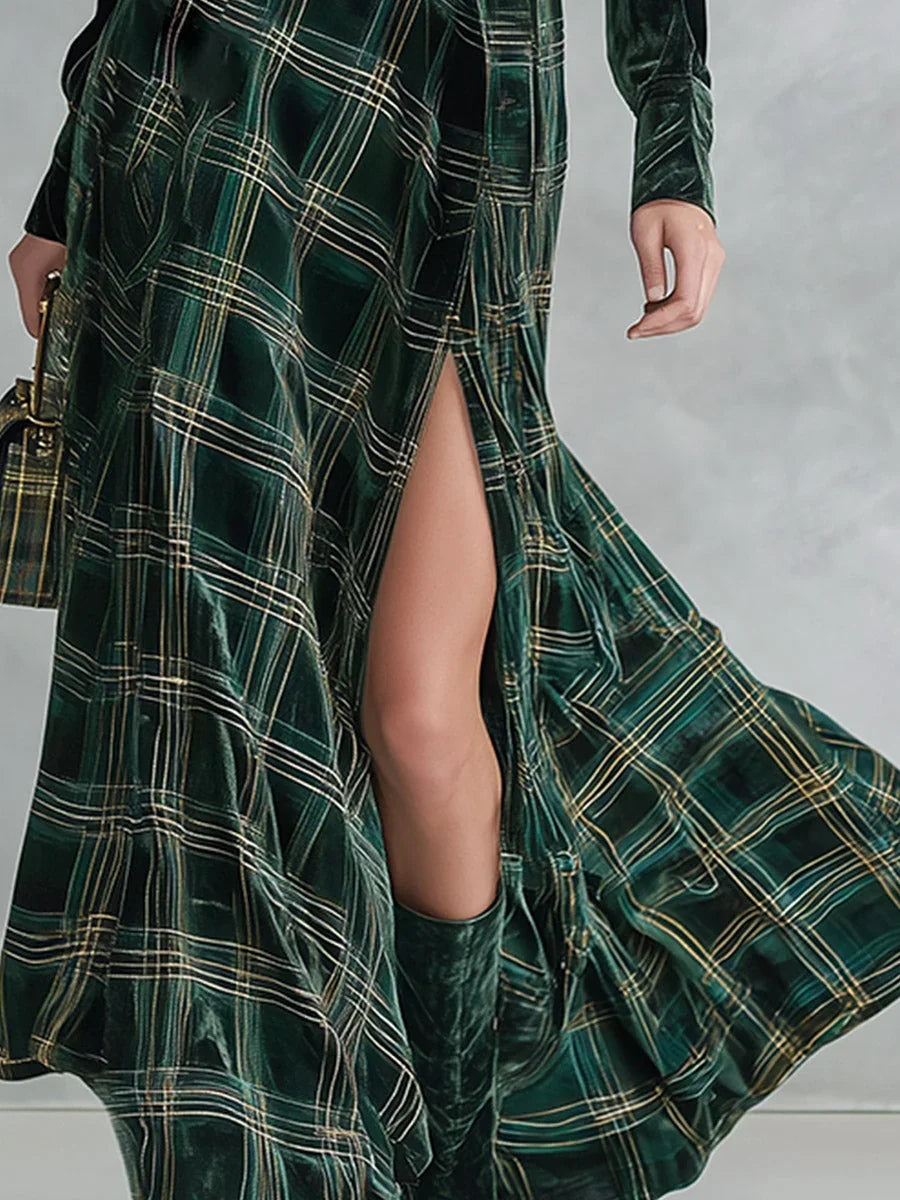 Ondina | Abito Maxi in Velluto a Quadri con Cintura, Verde
