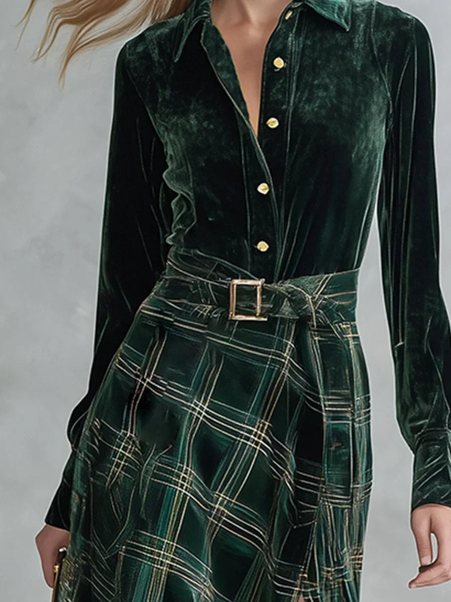 Ondina | Abito Maxi in Velluto a Quadri con Cintura, Verde