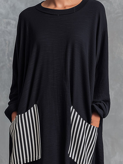 Stefania | Vestito lungo oversize in cotone nero con righe stile patchwork