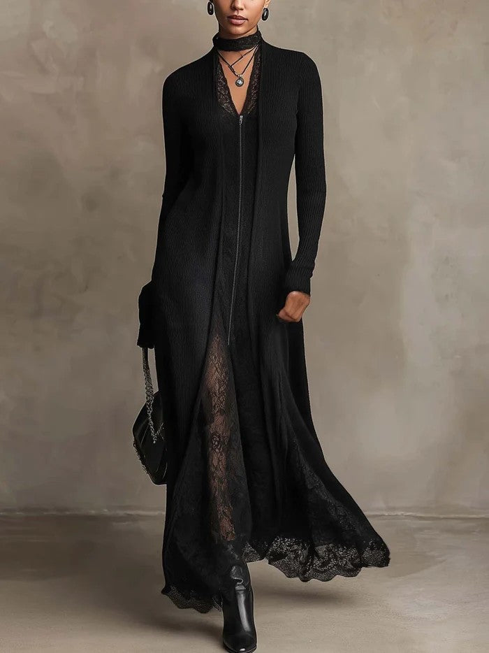 Corinna | Abito Maxi in Maglia a Coste con Inserti in Pizzo