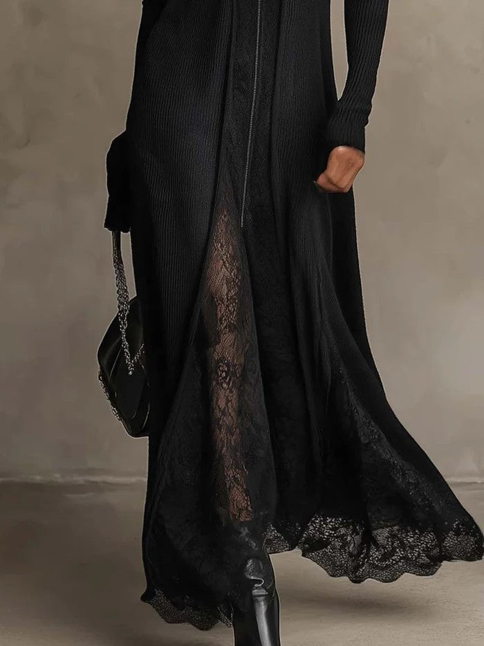 Corinna | Abito Maxi in Maglia a Coste con Inserti in Pizzo