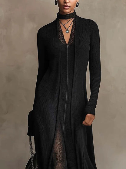 Corinna | Abito Maxi in Maglia a Coste con Inserti in Pizzo
