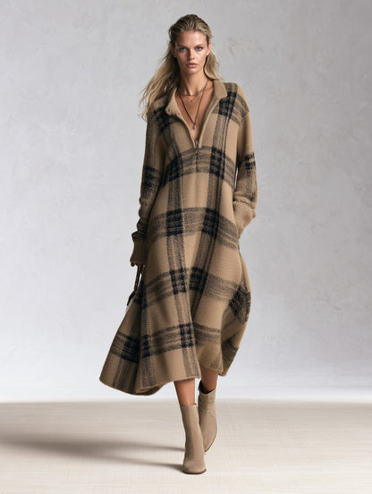 Adelaide | Abito Midi in Maglia a Quadri con Mezza Zip, Cammello