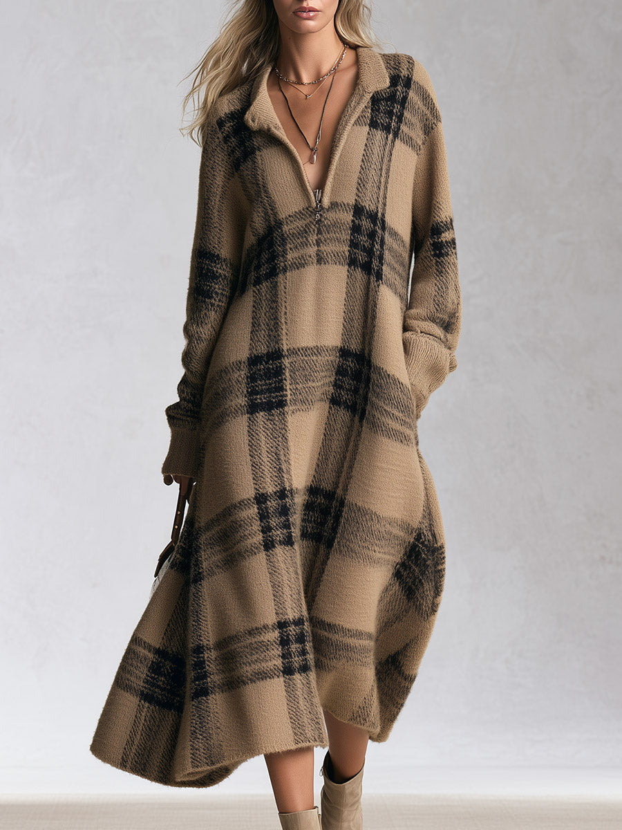 Adelaide | Abito Midi in Maglia a Quadri con Mezza Zip, Cammello