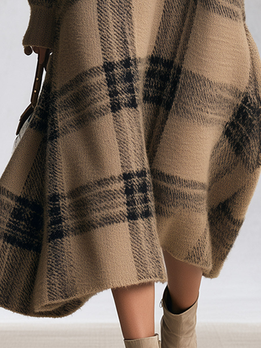 Adelaide | Abito Midi in Maglia a Quadri con Mezza Zip, Cammello