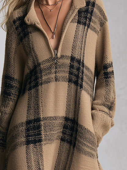 Adelaide | Abito Midi in Maglia a Quadri con Mezza Zip, Cammello