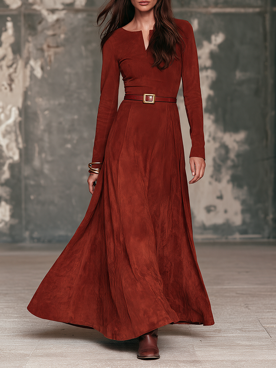 Rosalba | Abito Maxi in Suede con Scollo a V e Cintura, Ruggine