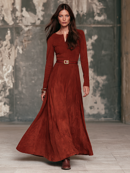 Rosalba | Abito Maxi in Suede con Scollo a V e Cintura, Ruggine
