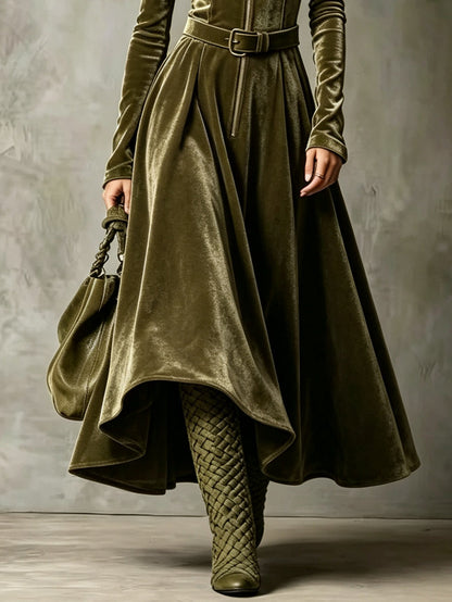 Smeralda | Abito Maxi Vintage in Velluto con Zip e Cintura, Verde Oliva