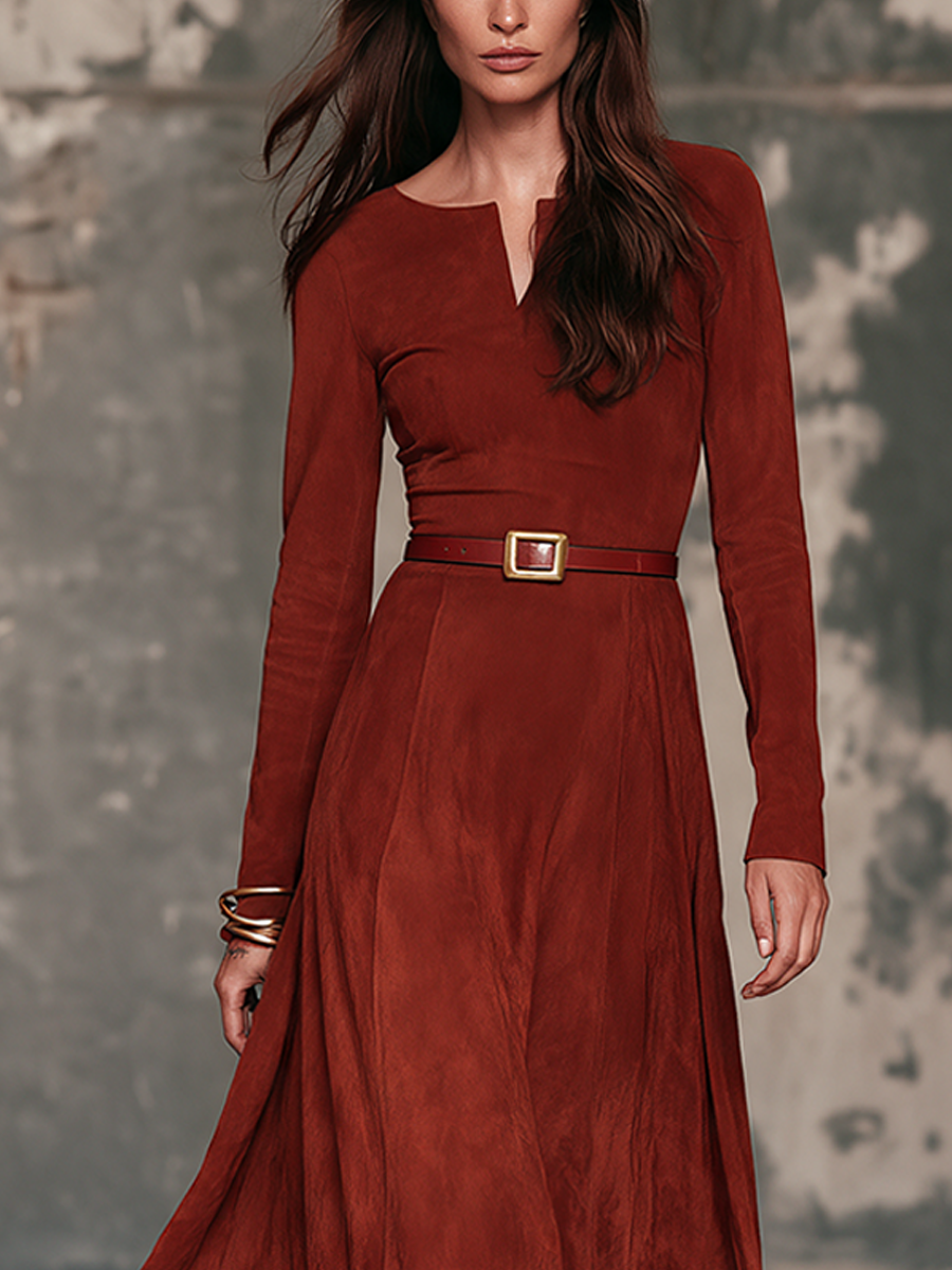 Rosalba | Abito Maxi in Suede con Scollo a V e Cintura, Ruggine