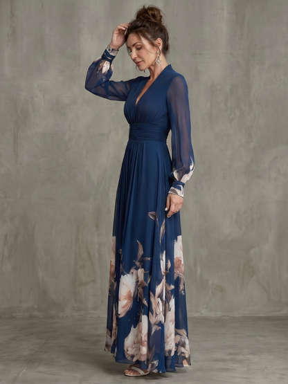 Zelia | Abito maxi con maniche plissettate trasparenti